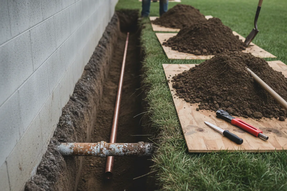 Excavated water line trench during Water Softener Installation in Stone Ridge